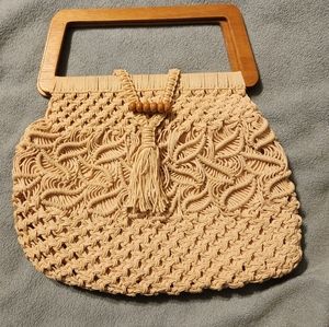 Beautiful Vintage Macrame purse with wooden handles